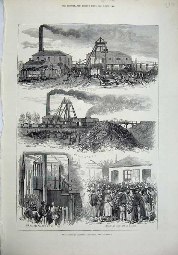 Old Antique Print 1877 Blantyre Colliery Explosion Glasgow Pit Train Art 19th