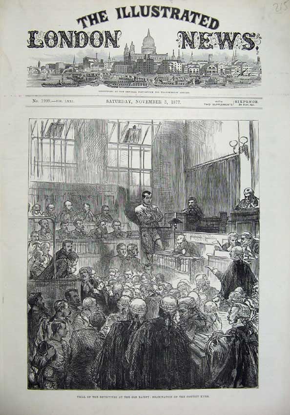 Old Antique Print 1877 Trial Detectives Bailey Judge Court Kurr Convict 19th
