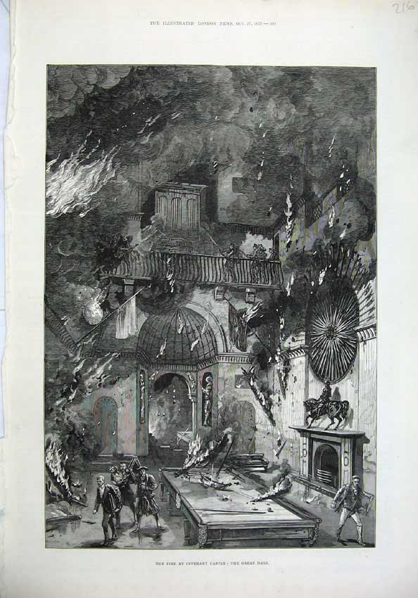Old Antique Print 1877 Fine Art Fire Inverary Castle Great Hall Scotland 19th