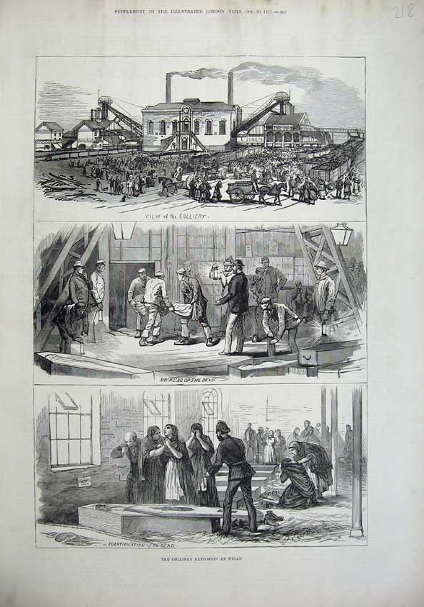 Old Antique Print 1877 Colliery Explosion Wigan Coffing Dead People Art 19th