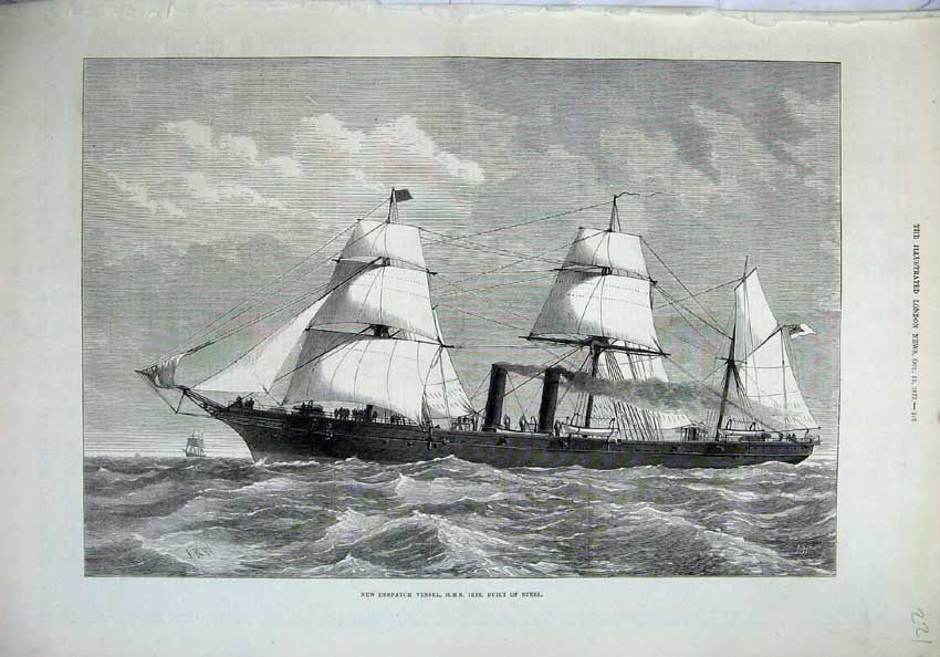 Original Old Antique Print 1877 Ship Despatch Vessel H.M.S Iris Built Steel
