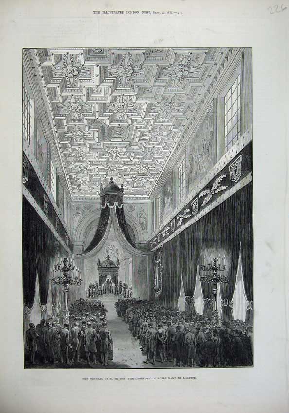 Original Old Antique Print 1877 Funeral Thiers Ceremony Notre Dame Lorette Art