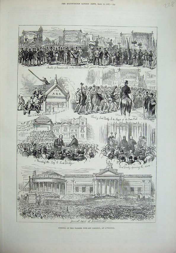 Original Old Antique Print 1877 Opening Wlaker Fine-Art Gallery Liverpool Derby