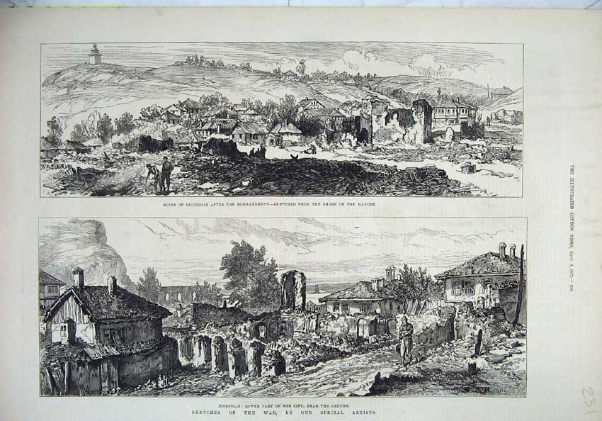 Original Old Antique Print War 1877 Ruins Nicopolis City Danube Bombardment Art