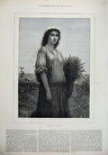 Old Antique Print 1877 Fine Art Beautiful Young Girl Ruth Country Flowers 19th