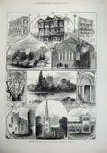 Original Old Antique Print 1877 Hereford Ludlow Castle Cloisters Ross Spire Art