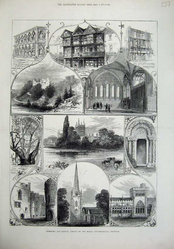 Original Old Antique Print 1877 Hereford Ludlow Castle Cloisters Ross Spire Art
