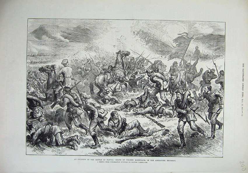 Original Old Antique Print Battle Plevna 1877 Death Colonel Rosenbaum Archangel