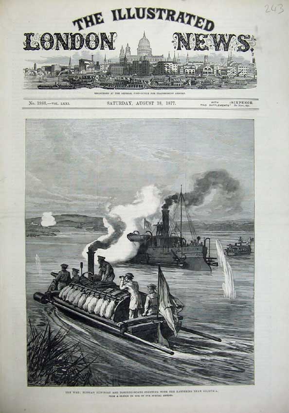 Antique Old Print *0216 1877 War Russian Gun-Boat Torpedo Batteries Silistria