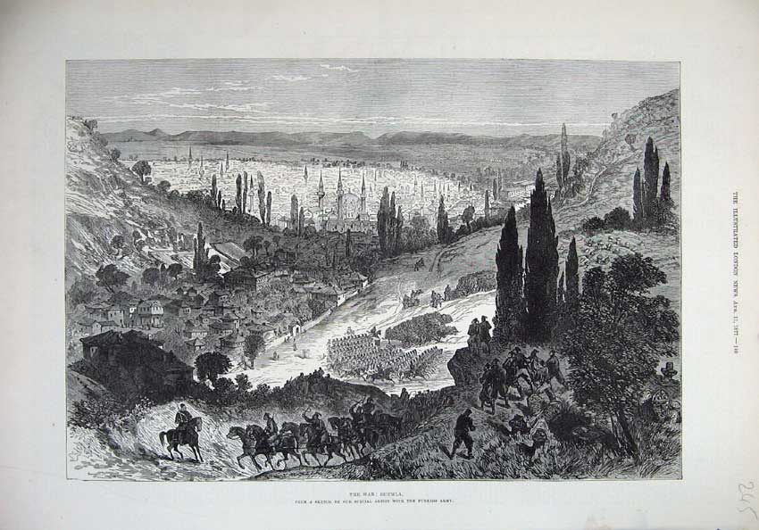 Original Old Antique Print War 1877 View Shumla Town Mountains Horses Fine Art