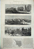 Old Antique Print Fire Brunswick 1877 Victoria Hotel Scotch Kirk School 19th