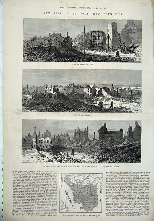 Old Antique Print Fire Brunswick 1877 Victoria Hotel Scotch Kirk School 19th