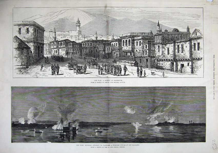 Old Antique Print 1877 War Street Erzeroum Turkish Boat Maratin Russian 19th