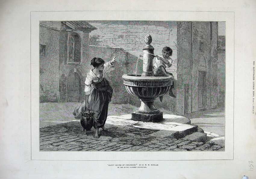 Original Old Antique Print 1877 Children Playing Water Fountain Fine Art Topham