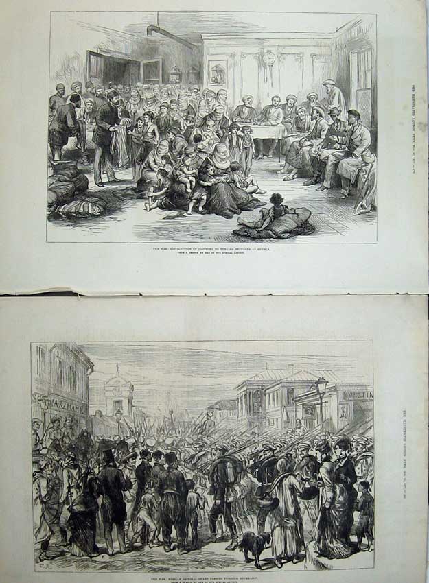 Original Old Antique Print War 1877 Turkish Refugees Shumla Russian Guard Army