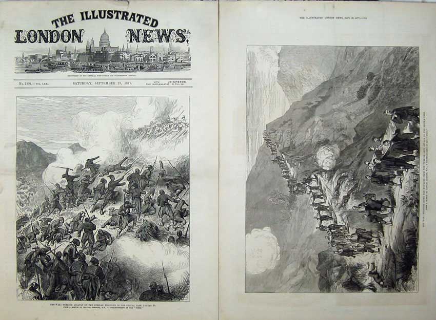 Old Antique Print War 1877 Turkish Assault Shipka Pass Wounded Mountains 19th