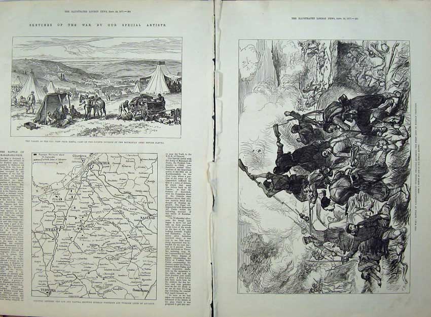 Old Antique Print War 1877 Valley Vid Map Turkish Positions Battle Army 19th
