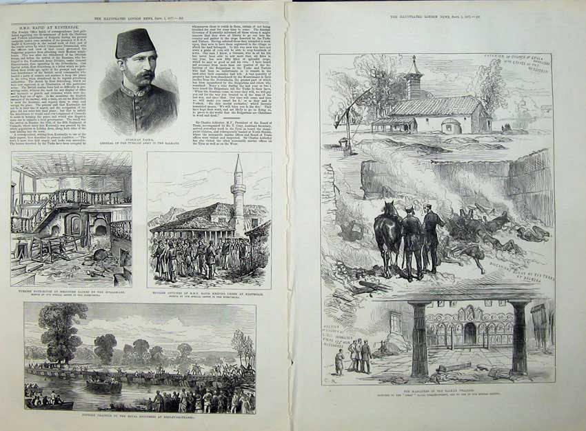 Old Antique Print Turkish Army 1877 Bath-House Pontoon Balkan Villages 19th