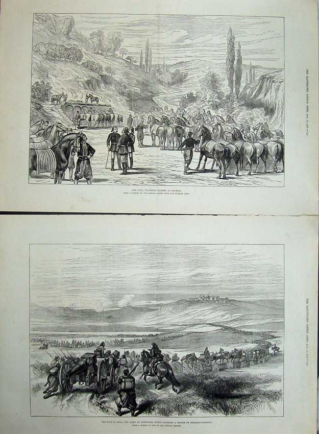 Original Old Antique Print War Watering Horses Shumla 1877 Army Mustapha Pasha