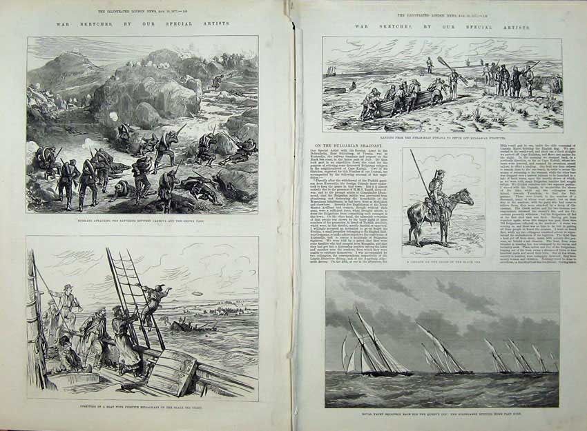 Old Antique Print War 1877 Russians Gabrova Shipka Pass Ship Cossack Sea 19th