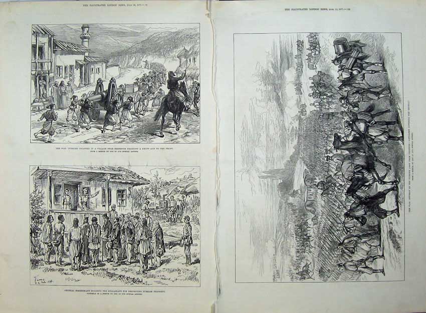Original Old Antique Print War 1877 Turkish Children Krupp Gun Zimmerman Army