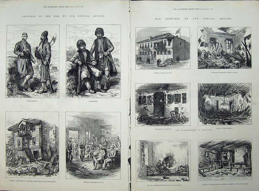 Old Antique Print War 1877 Bashi-Bazouks Hospital Rustchuk Graveyard Art 19th