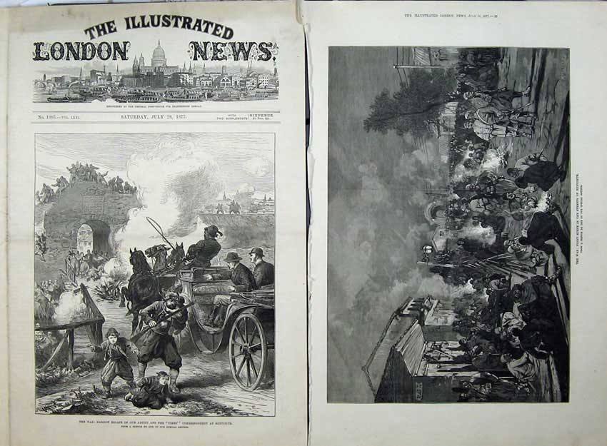 Old Antique Print 1877 War Rustchuk Night Scene Men Fire Horse Coach Art 19th