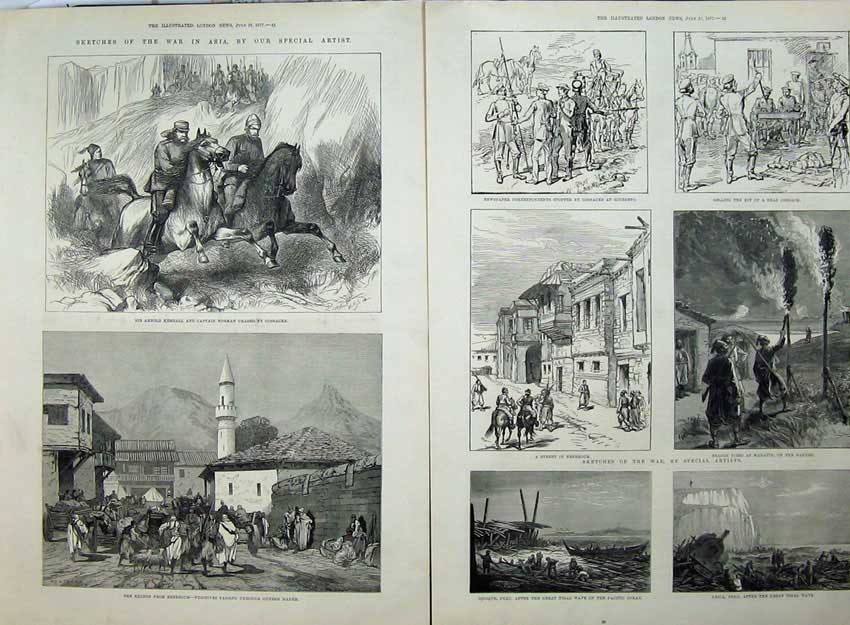 Original Old Antique Print 1877 War ArnKemball Norman Cossacks Peru Maratin