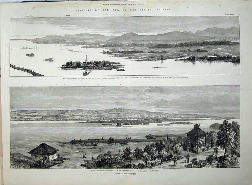 Antique Old Print 1877 War Rustchuk Braila Danube Russian Military Bridge 19th
