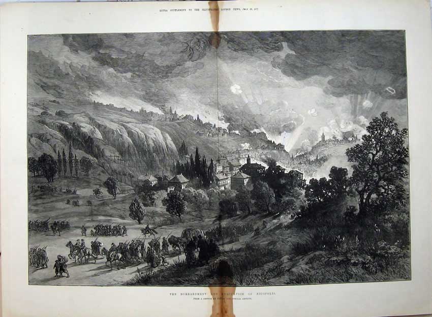 Antique Old Print Fine Art 1877 Bombardment Evacuation Nicopolis War Army 19th