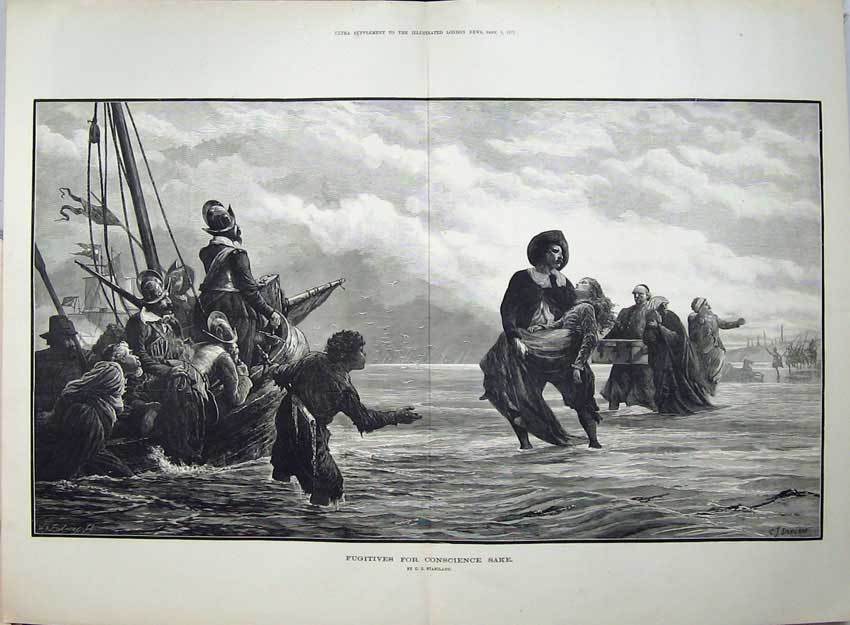 Old Antique Print 1877 Fine Art Fugitives Ship Rescue Sailing Staniland 19th