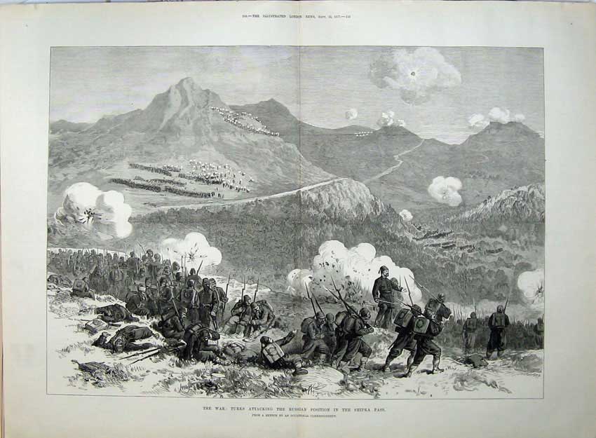 Old Antique Print War 1877 Attacking Russian Position Shipka Pass Battle 19th