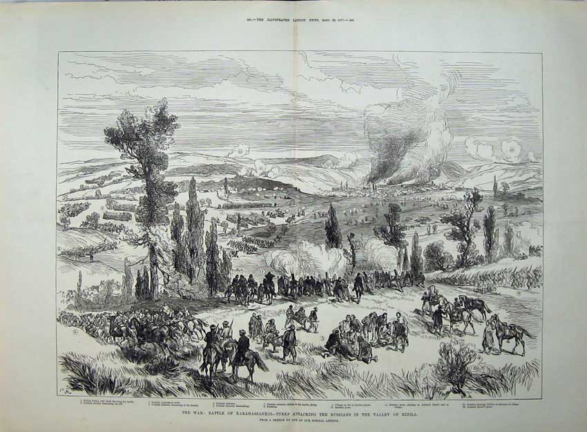 Antique Old Print 1877 War Battle Karahassankoi Turks Russians Kizila Art 19th
