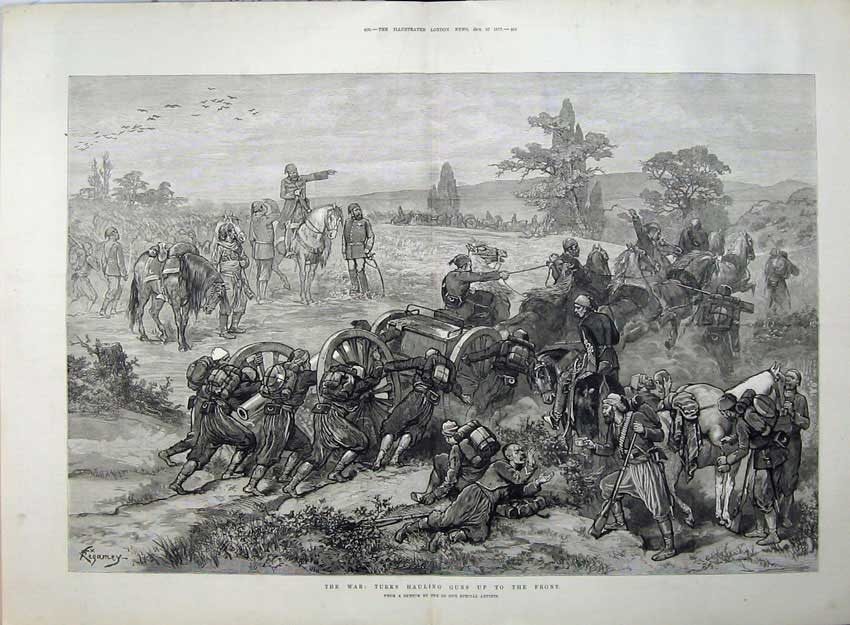 Old Antique Print War 1877 Turks Hauling Guns Army Cannon Horses Sketch 19th
