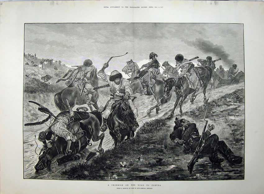 Old Antique Print 1877 War Skirmish Road Plevna Men Shooting Horses Art 19th