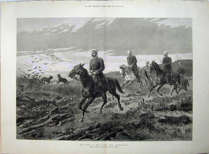 Old Antique Print War 1877 Horse Ride Battle Field Dogs Birds Fine Art 19th