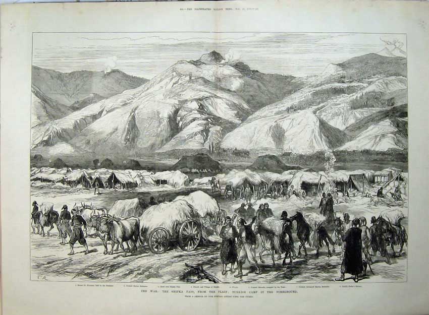 Antique Old Print War 1877 Shipka Pass Turkish Camp Church Cows Carts Art 19th
