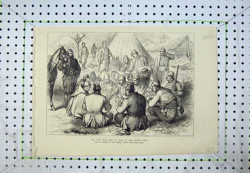 Original Old Antique Print 1877 War Mail Day Camp Tents Shipka Pass Army Horse