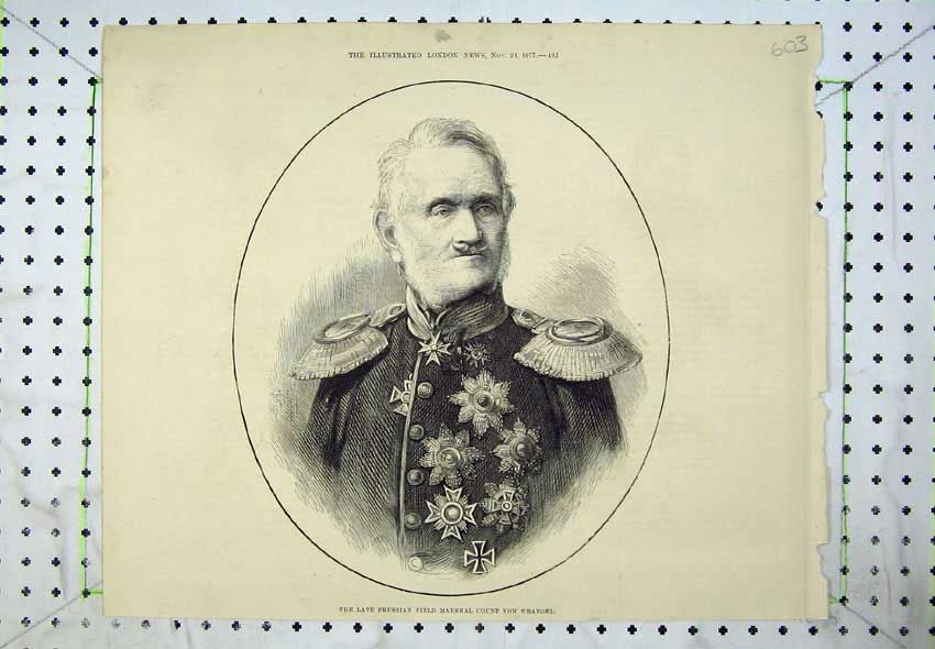 Old Antique Print 1877 Portrait Prussian Field Marshal Count Von Wrangel 19th
