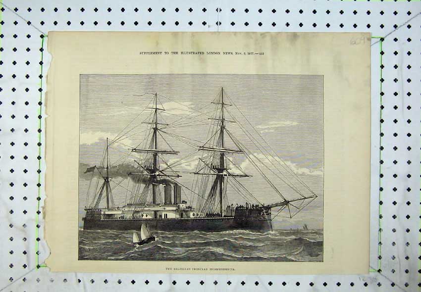 Original Old Antique Print 1877 Brazillian Ironclad Ship Independencia Sea 19th