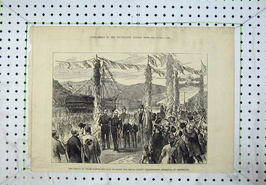 Original Old Antique Print 1877 Prince Wales Naval Cadet Training Ship Britania
