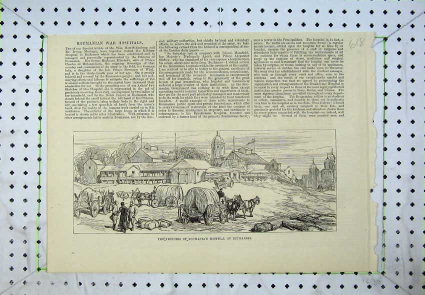 Old Antique Print 1877 Princess Roumania'S Hospital Bucharest Horse Cart 19th