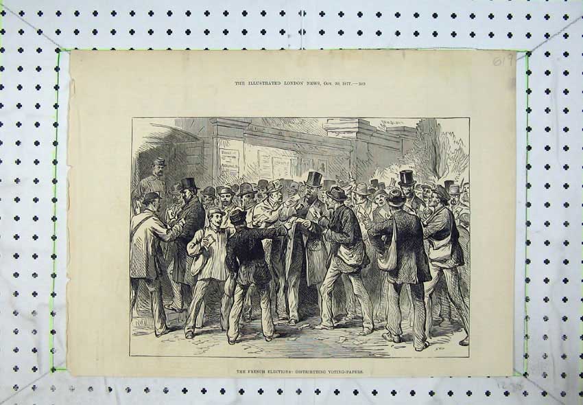 Original Old Antique Print 1877 French Elections Men Distributing Voting Papers