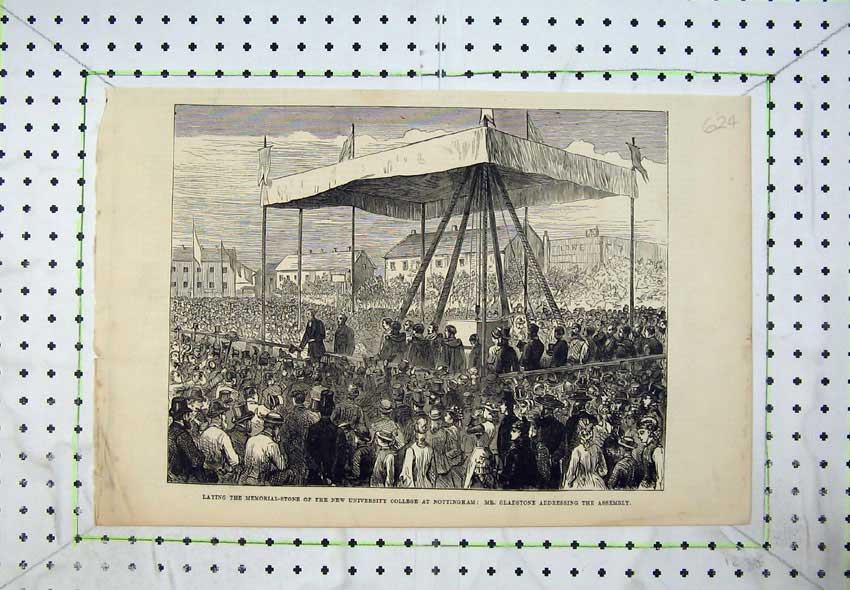 Old Antique Print 1877 Gladstone University College Nottingham Foundation 19th