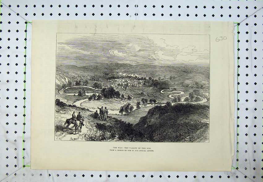 Old Antique Print War 1877 View Valley Lom Mountains River Horses Trees 19th