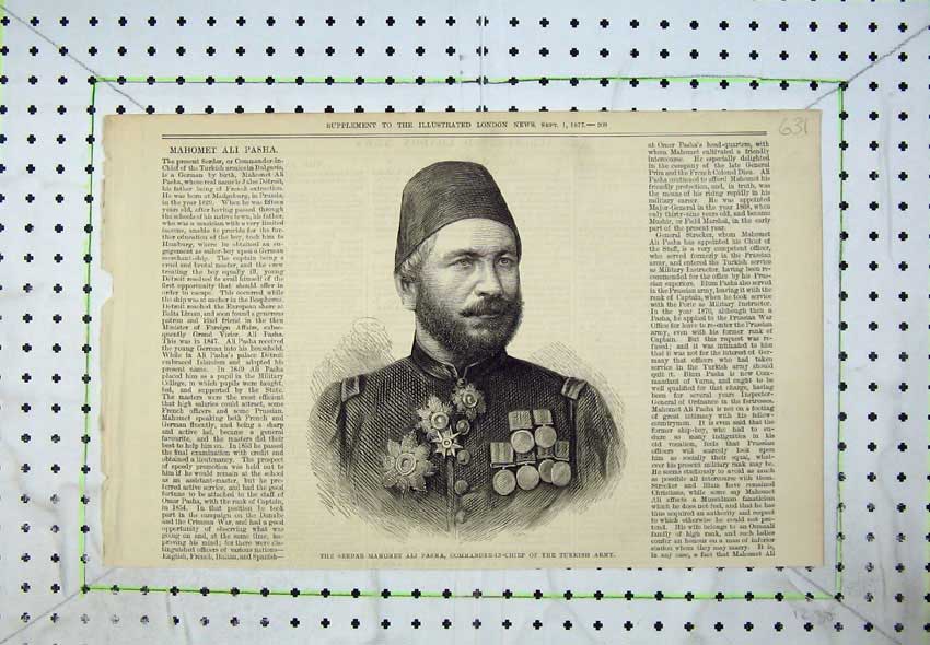 Original Old Antique Print 1877 Serdar Mahomet Ali Pasha Turkish Army Commander