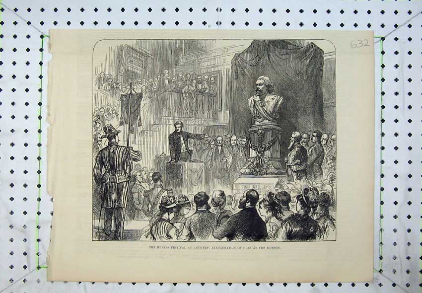 Old Antique Print 1877 Rubens Festival Antwerp Inauguration Bust Museum 19th