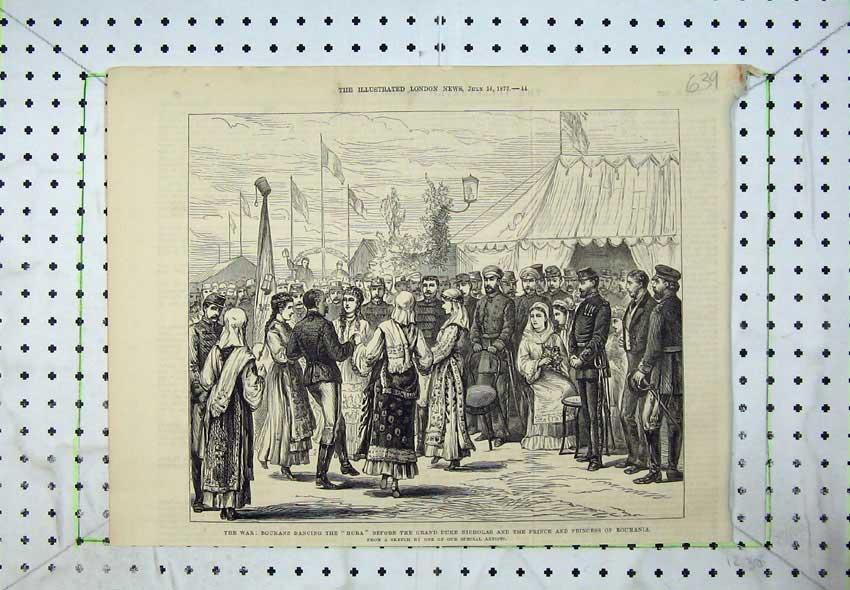 Original Old Antique Print War 1877 Roumans Dancing Hora Duke Nicholas Prince