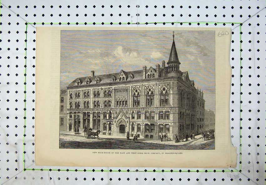 Old Antique Print 1877 Dock House India Company Building Billiter Square 19th