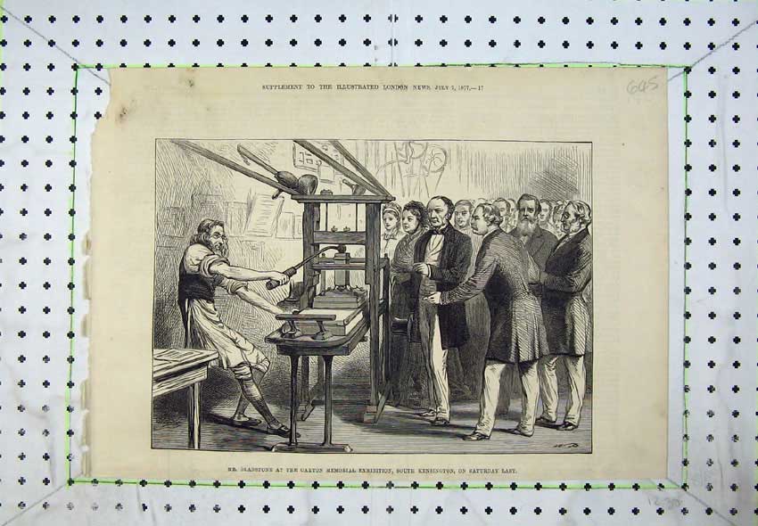 Original Old Antique Print 1877 Gladstone Caxton Memorial Kensington Museum Art
